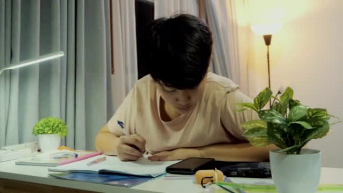 亚洲男生晚上在家做作业，生活方式理念。