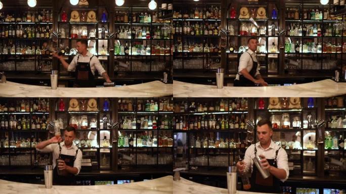 英俊的调酒师在酒吧柜台制作酒精鸡尾酒的慢动作镜头