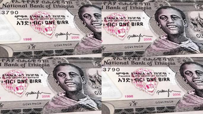 埃塞俄比亚比尔1纸币，一个埃塞俄比亚比尔，埃塞俄比亚比尔的特写和宏观视图，跟踪和多利镜头1埃塞俄比亚