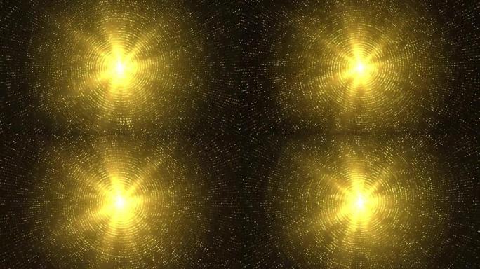 3D 4k抽象爆炸金灯闪烁光速线。节日金色运动循环背景。
