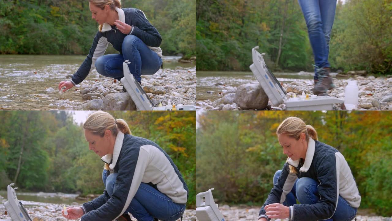 高加索女生物学家从河里取水样做酸碱度测试