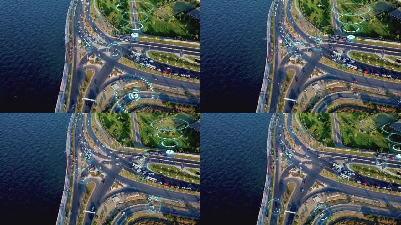 自动驾驶汽车通过城市高速公路。速度和身份控制系统。未来的交通工具。人工智能实现道路数字化和分析。从无