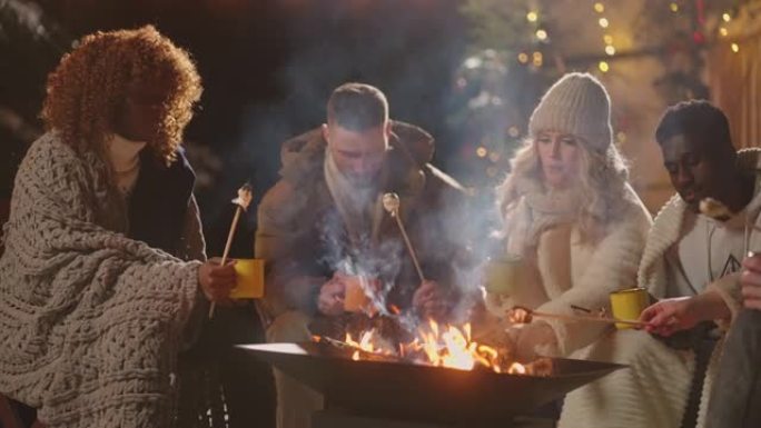 圣诞节之夜的传统朋友聚会，人们围坐在篝火旁，烤棉花糖