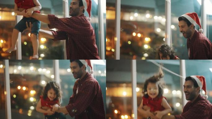 快乐的父亲抱着女儿在圣诞节之夜飞翔。