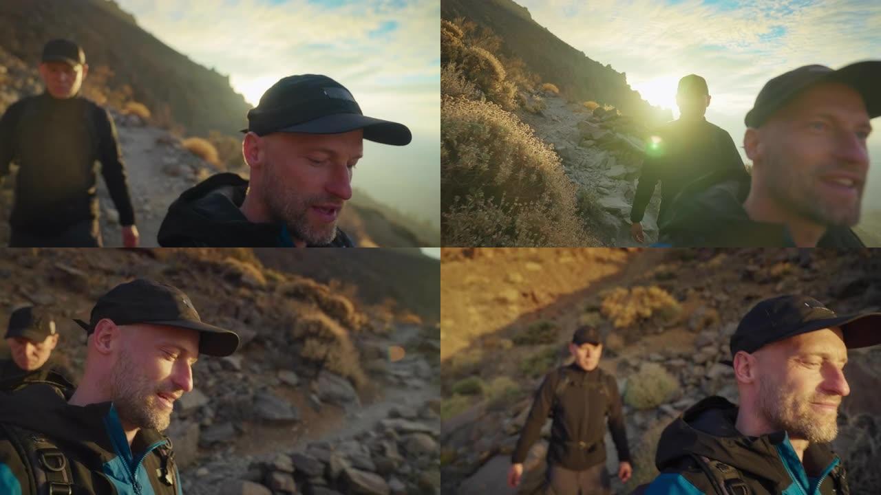 男性朋友走在山上的小路上，可穿戴相机视图。火山景观