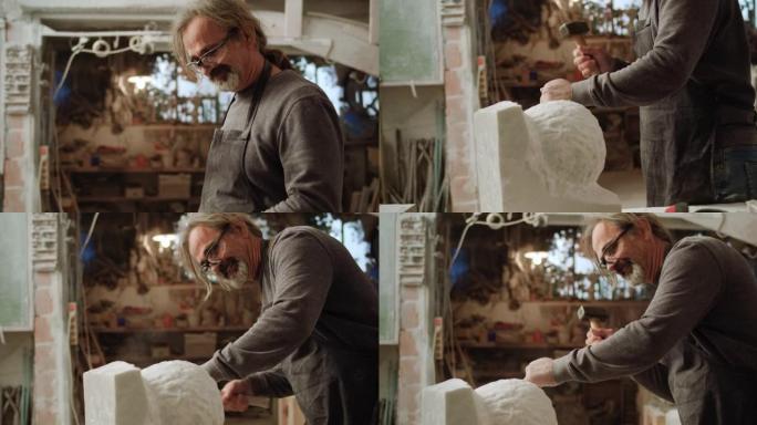 SLO MO男雕塑家微笑着走进镜头，在工作室雕刻雕塑
