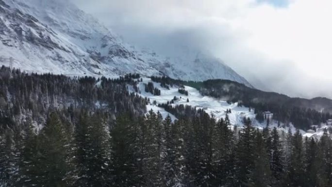 飞越白雪覆盖的森林，在白雪覆盖的高山山脉下