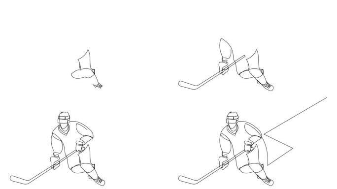 连续线画曲棍球运动员的自画动画。