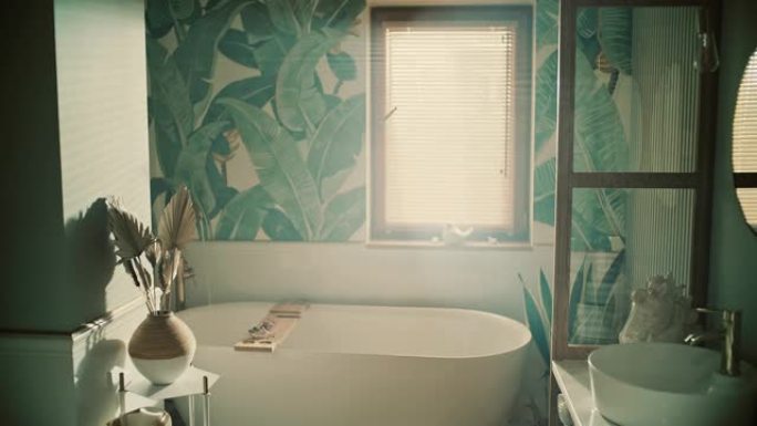 浴室内的家庭水疗中心。墙上的热带树叶图案