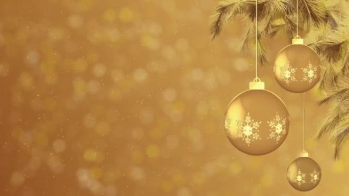 圣诞金色小玩意悬挂装饰品装饰品和雪花环背景。