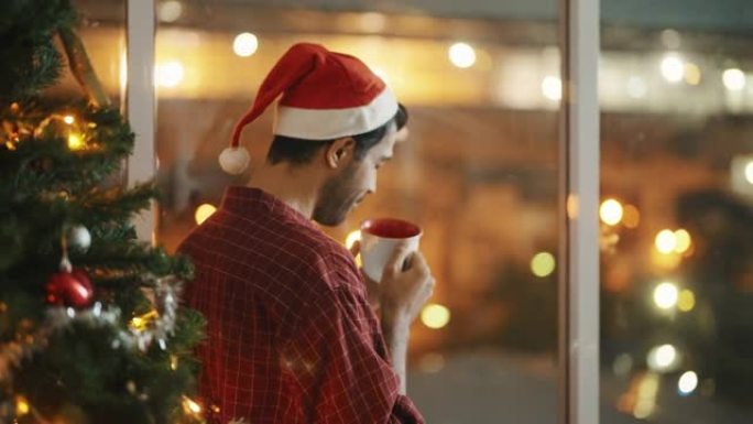 体贴的人在圣诞节透过窗户欣赏风景。