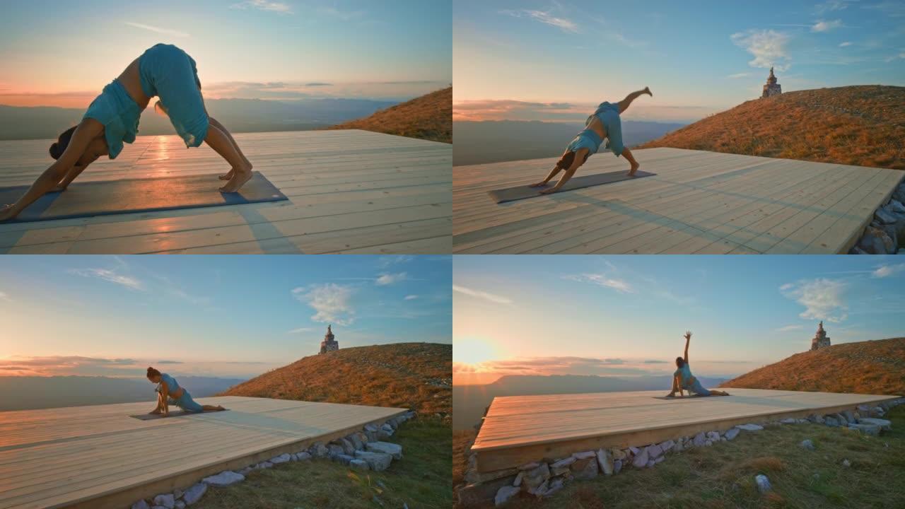 日落时在山顶上做瑜伽的CS女人