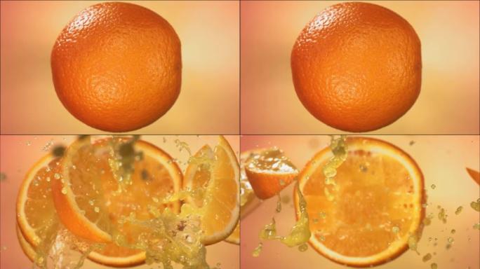 爆炸橙和爆裂果汁和切片的超慢动作