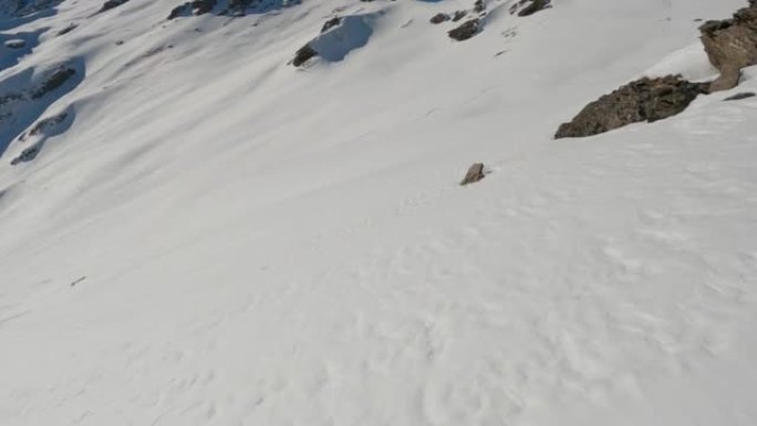 在阳光明媚的日子里，滑雪者从白雪皑皑的山腰下降的第一人称视角