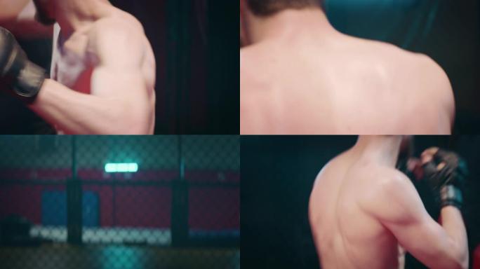 与私人教练一起进行拳击手垫工作。快速打孔