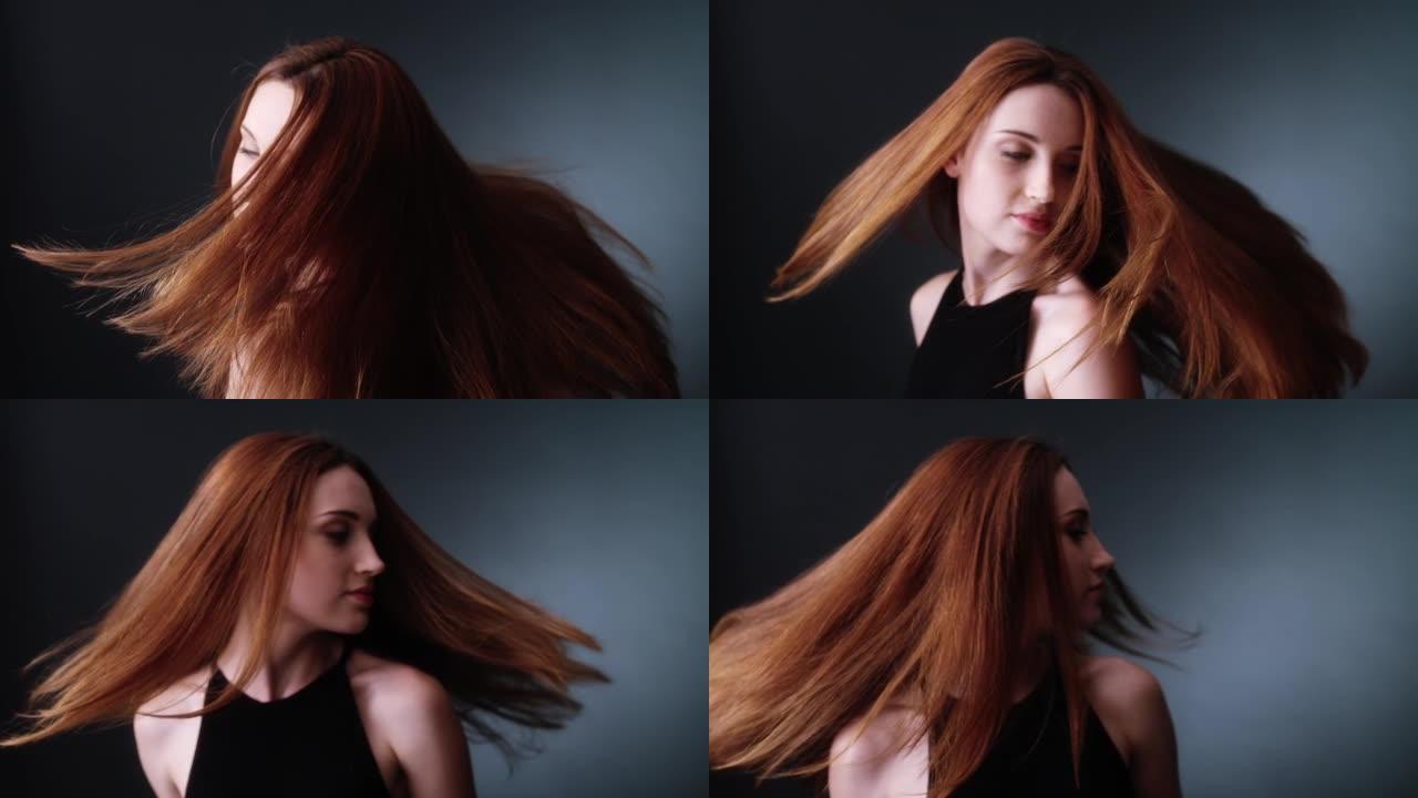 美丽诱人的红发女人扔长发