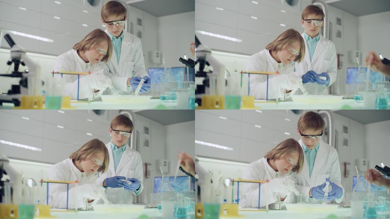 孩子们进行科学实验。实验室内部，倒多色液体。使用注射器