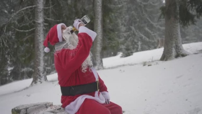 男子打扮成圣诞老人，从雪林的树桩上的瓶子里喝酒