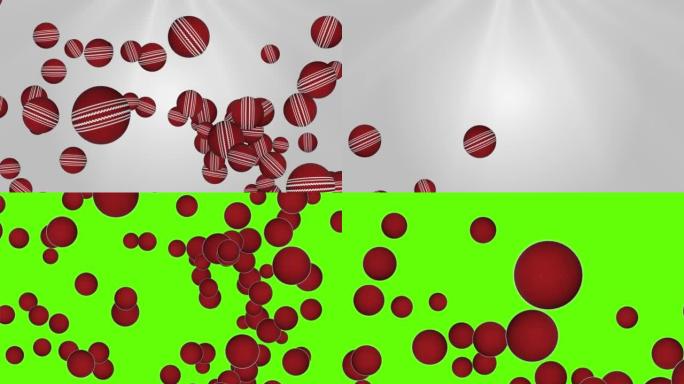 绿色屏幕背景上慢动作旋转的红色板球的4K 3D循环动画。