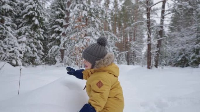 快乐的小孩在冬天的森林里玩耍，可爱的男孩戴着温暖的帽子和夹克在公园散步