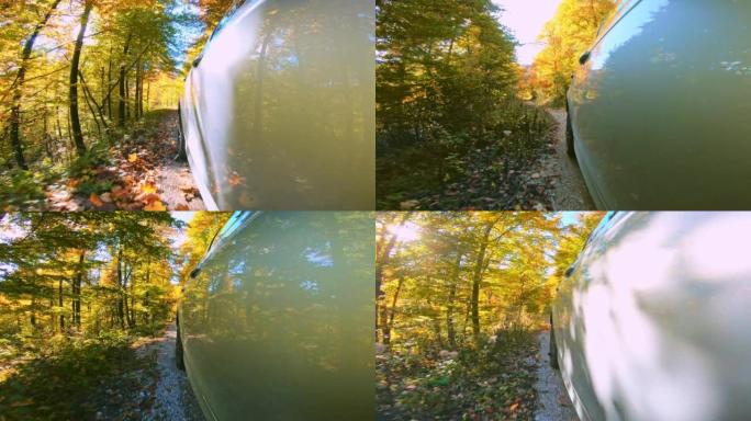 在阳光下在砾石的秋天森林路上行驶的汽车的LD侧