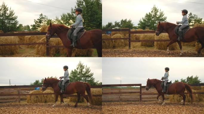 女学生在马术俱乐部骑小马，少年骑马者在围场训练