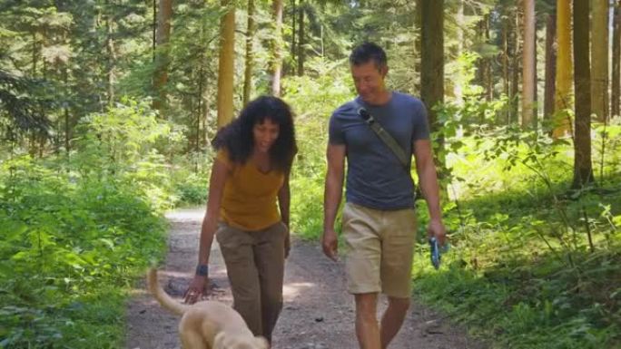 TS女人在大自然中与丈夫徒步旅行时拍着她的狗