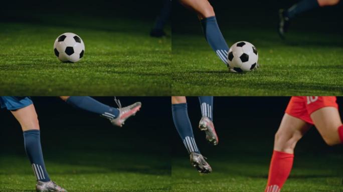 一名女子足球运动员晚上踢球的SLO MO TS腿