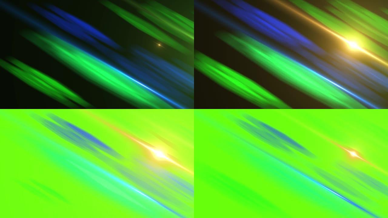 光学闪光灯镜头耀斑和泄漏以及过渡绿屏循环动画背景。