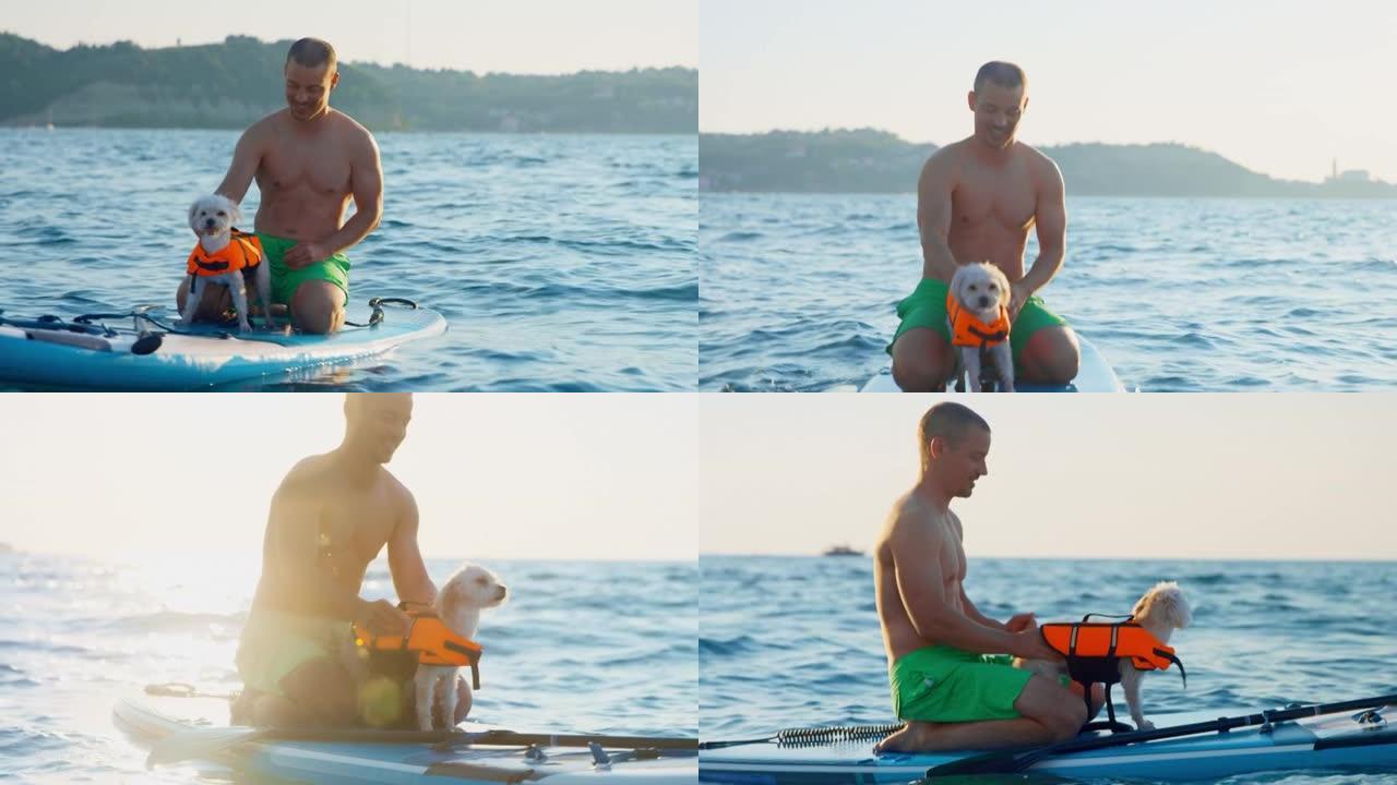 SLO MO Man坐在海上桨板上抚摸他的小狗