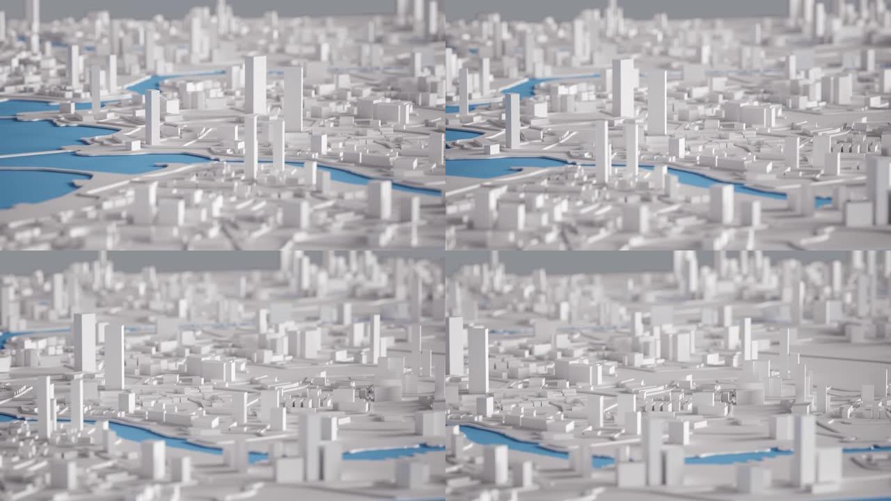 城市建筑的鸟瞰图3D渲染4k动画