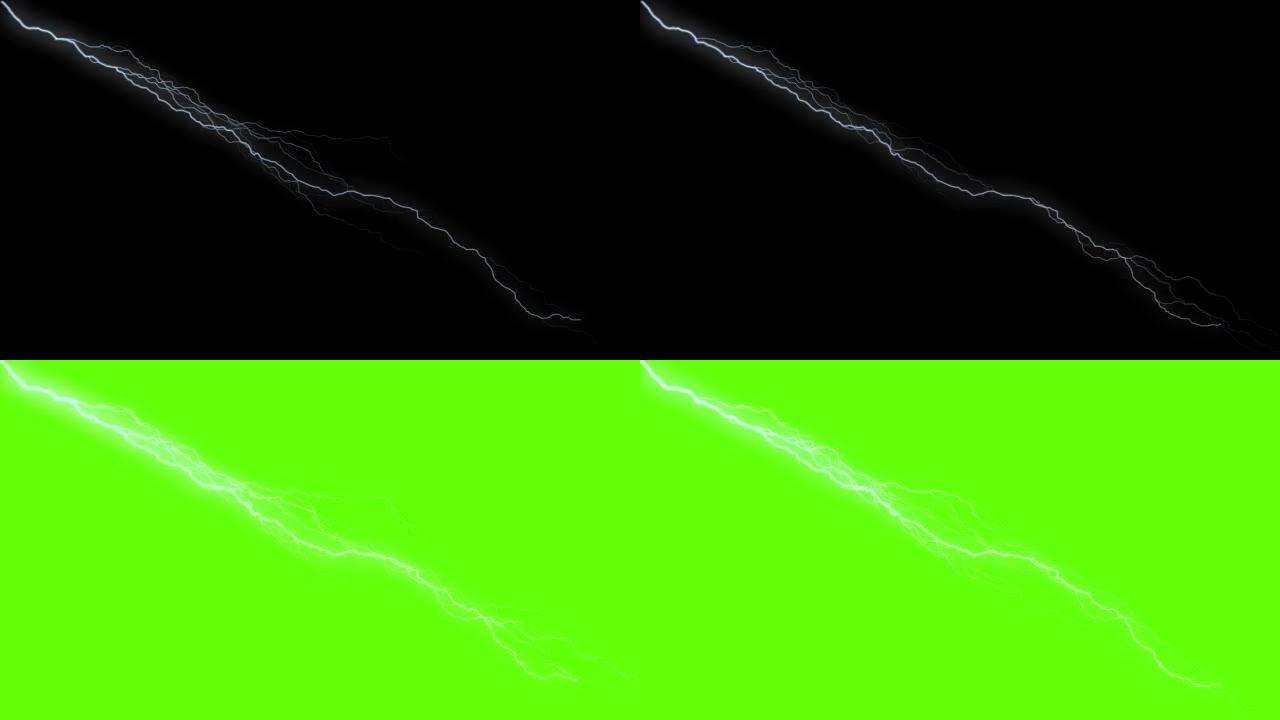闪电在黑色背景上的3D循环4K动画。电风暴。雷击