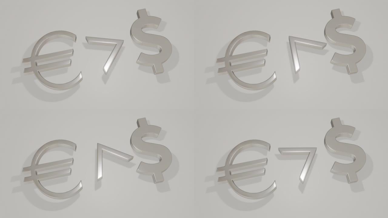 显示欧元兑美元汇率波动的图形动画。在这些货币的符号之间，数学符号或多或少。