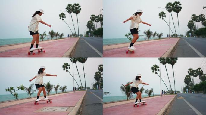 亚洲年轻女子在海边公园滑冰