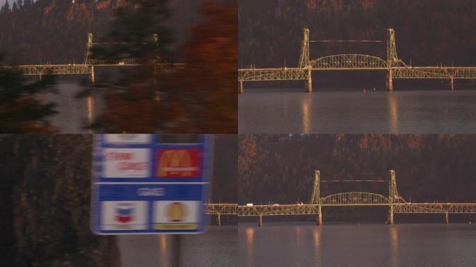 秋天在哥伦比亚河峡谷的桥。用Cineflex万向节和红色8k相机拍摄。