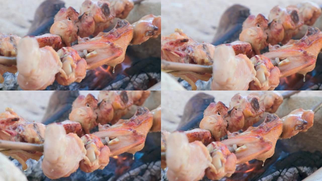 开胃脆皮鸡是在火刑柱上煮的。海滩上的野生烹饪，野营烹饪，烧烤棒，沙滩上的篝火，特写侧视图