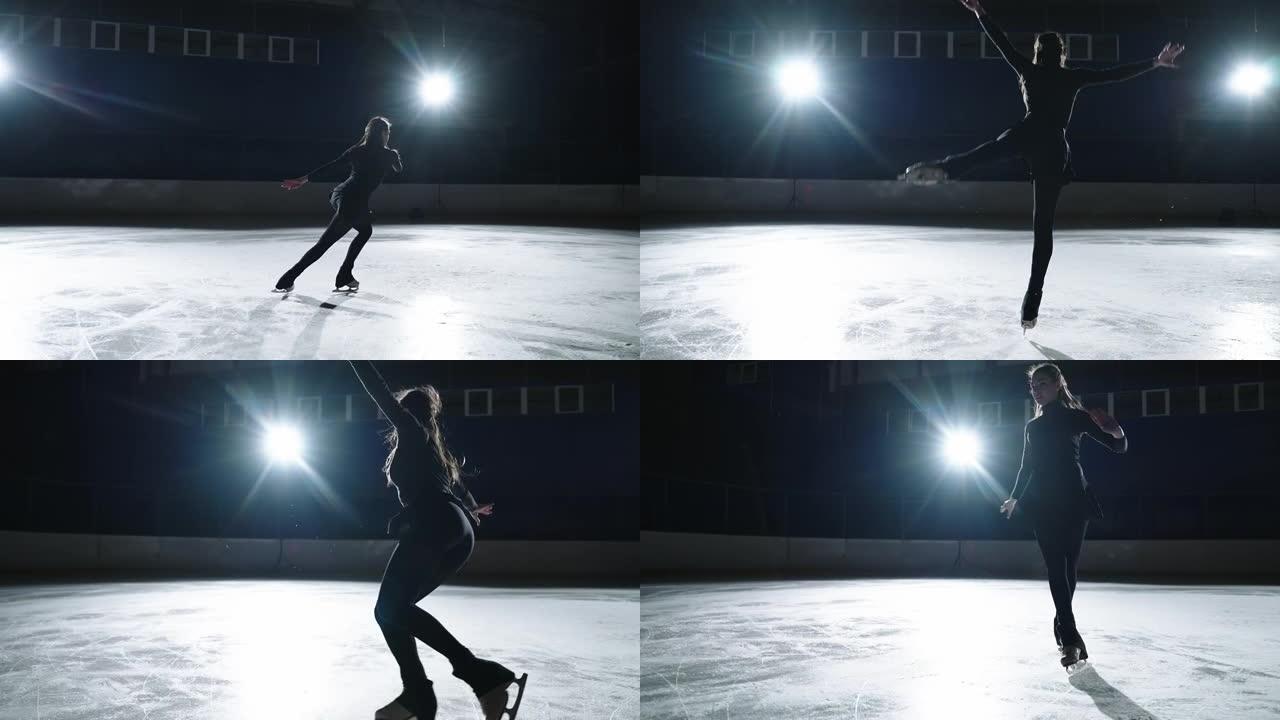 女子艺术花样滑冰运动员在比赛开始前在溜冰场上表演女子单人滑舞蹈。慢动作120 fps。完美、精确、自