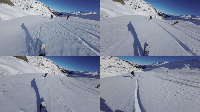 第一人称与朋友一起在阿尔卑斯山的滑雪道上免费滑雪