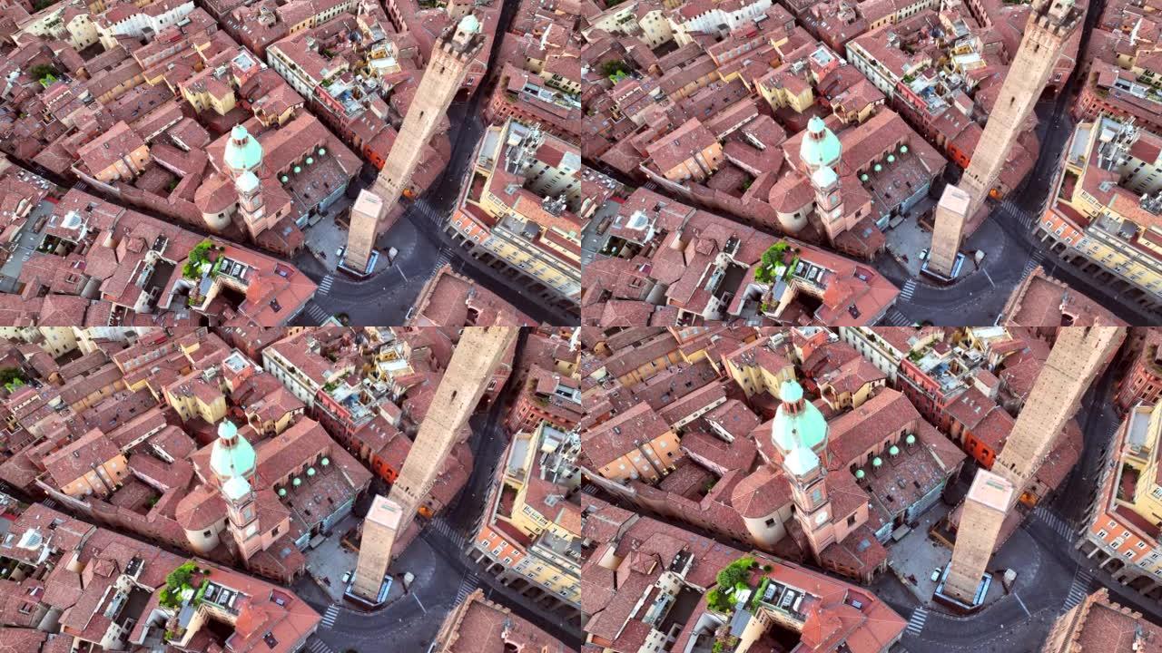 博洛尼亚历史中心和托里塔的空中无人机日出场景，两座塔都倾斜，是意大利博洛尼亚的象征