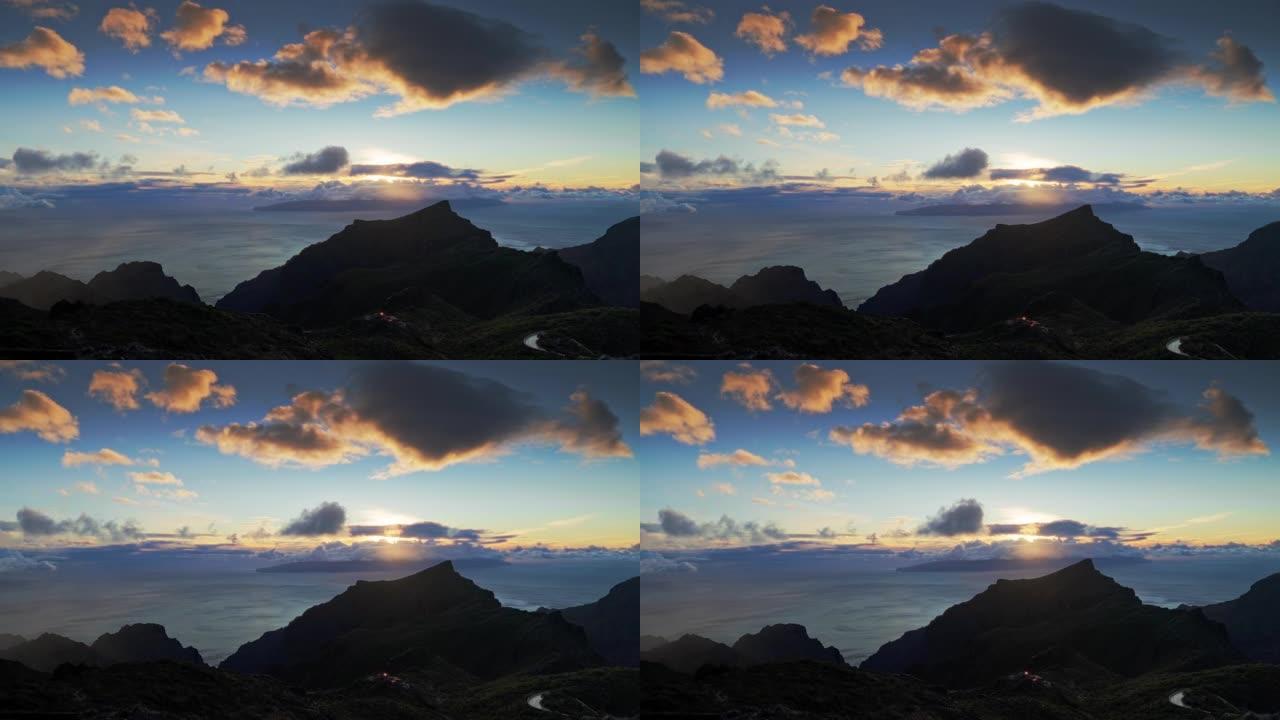 云海中美丽的日出剪影山体蓝天白云视频素材