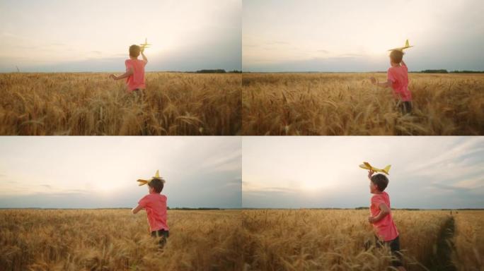 小男孩在黄金黑麦场上奔跑，背着玩具飞机，后视，无忧无虑快乐的孩子