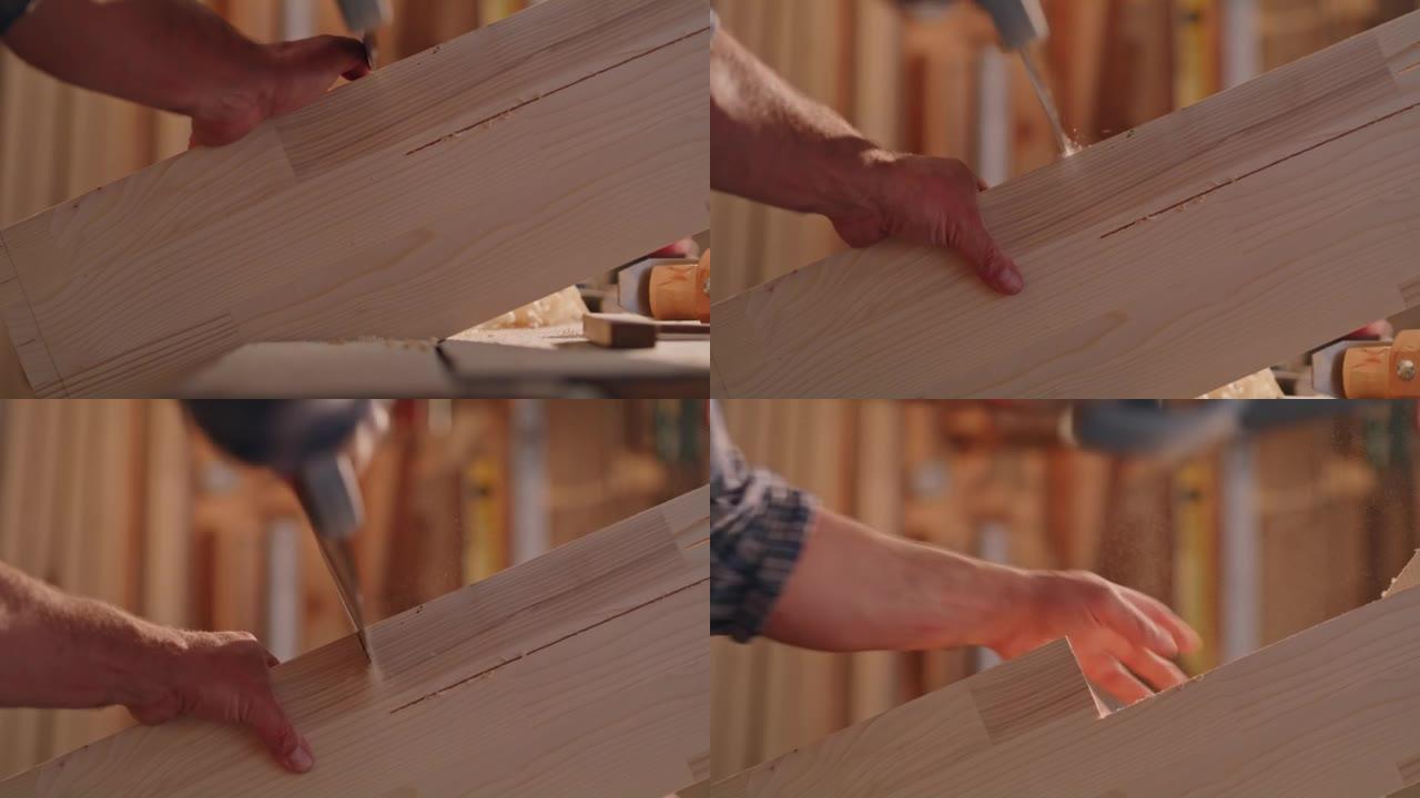 男性木匠的SLO MO TU用横切锯切割虎钳所持的木板
