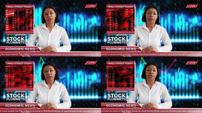 股票暴跌，电视主播在通用背景上发布的实时经济新闻