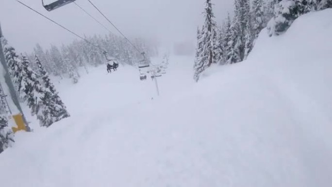 滑雪穿越粉雪的第一人称视角