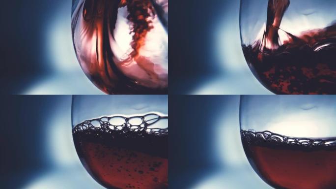 红酒倒入玻璃杯中。玻璃杯与倒红酒特写。4k微距慢动作视频。在高速电影摄像机上拍摄。