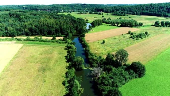 无人机在河上飞行。带有田野和森林的夏季农业景观