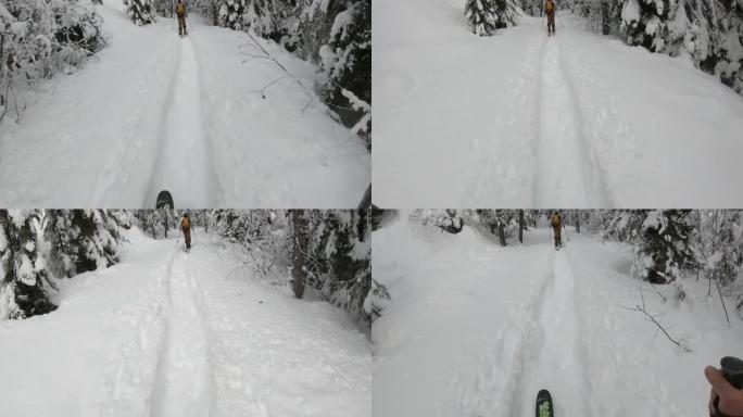 在白雪皑皑的森林中滑雪时的第一人称视角