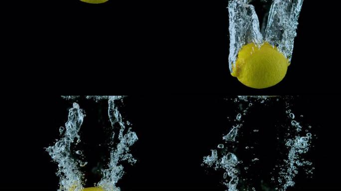 SLO MO LD整个柠檬落入水中并产生气泡