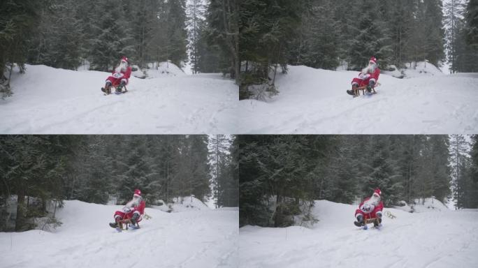 男人打扮成圣诞老人在森林里骑着雪橇