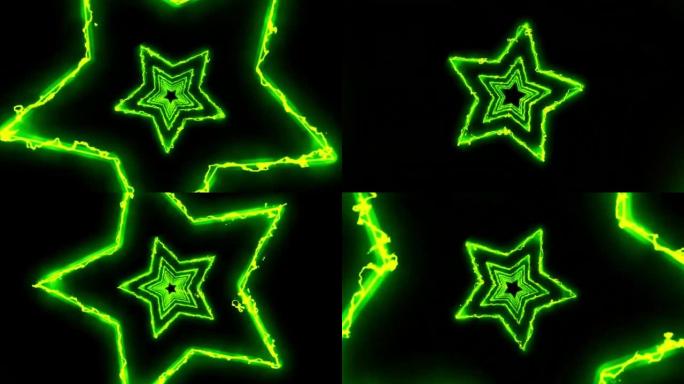 动画绿光星星在黑色背景上孤立。